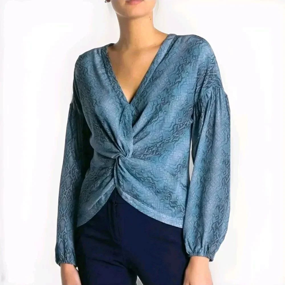 Ramy Brook Blouse Averie Blue Silk Print Twist Front Long Sleeve Women's Small